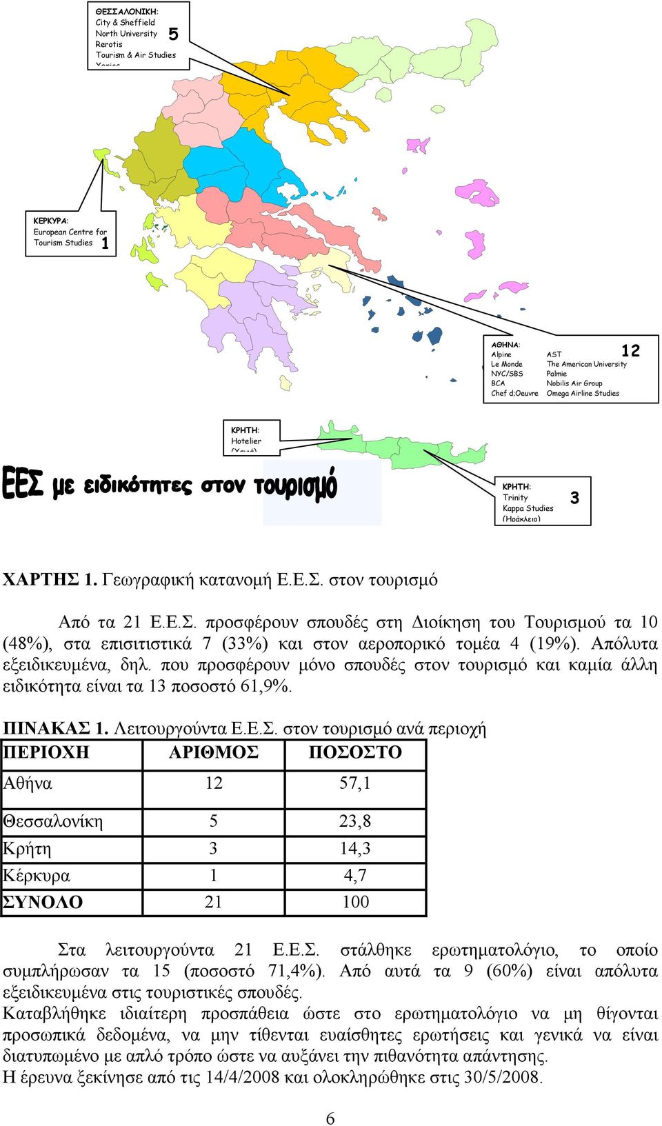 Ε.Σ. προσφέρουν σπουδές στη ιοίκηση του Τουρισµού τα 10 (48%), στα επισιτιστικά 7 (33%) και στον αεροπορικό τοµέα 4 (19%). Απόλυτα εξειδικευµένα, δηλ.