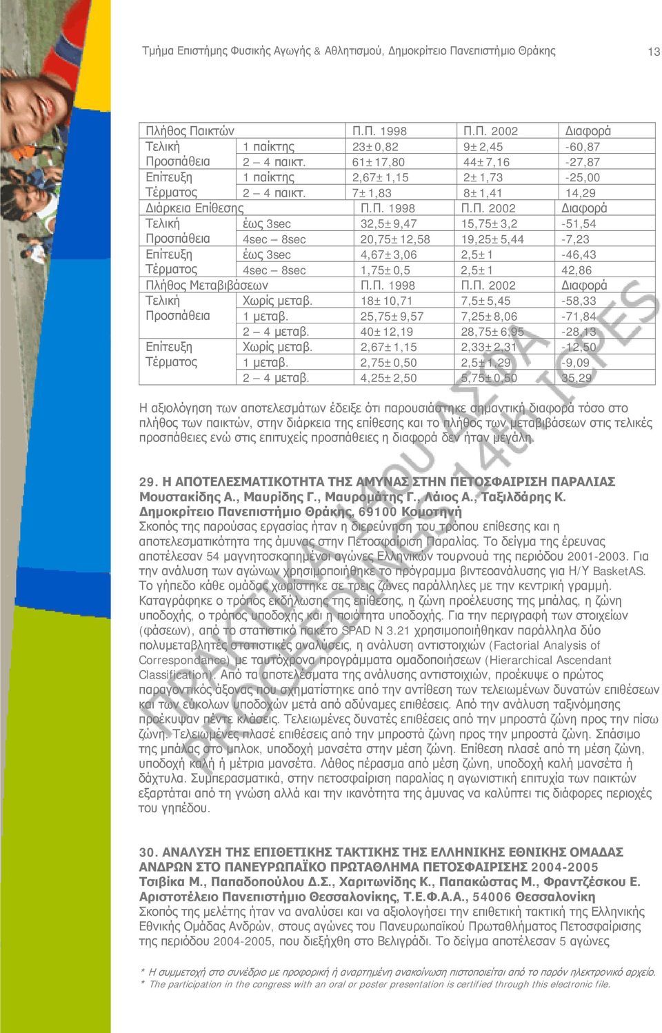 Π. 1998 Π.Π. 2002 Διαφορά Τελική έως 3sec 32,5±9,47 15,75±3,2-51,54 Προσπάθεια 4sec 8sec 20,75±12,58 19,25±5,44-7,23 Επίτευξη έως 3sec 4,67±3,06 2,5±1-46,43 Τέρματος 4sec 8sec 1,75±0,5 2,5±1 42,86