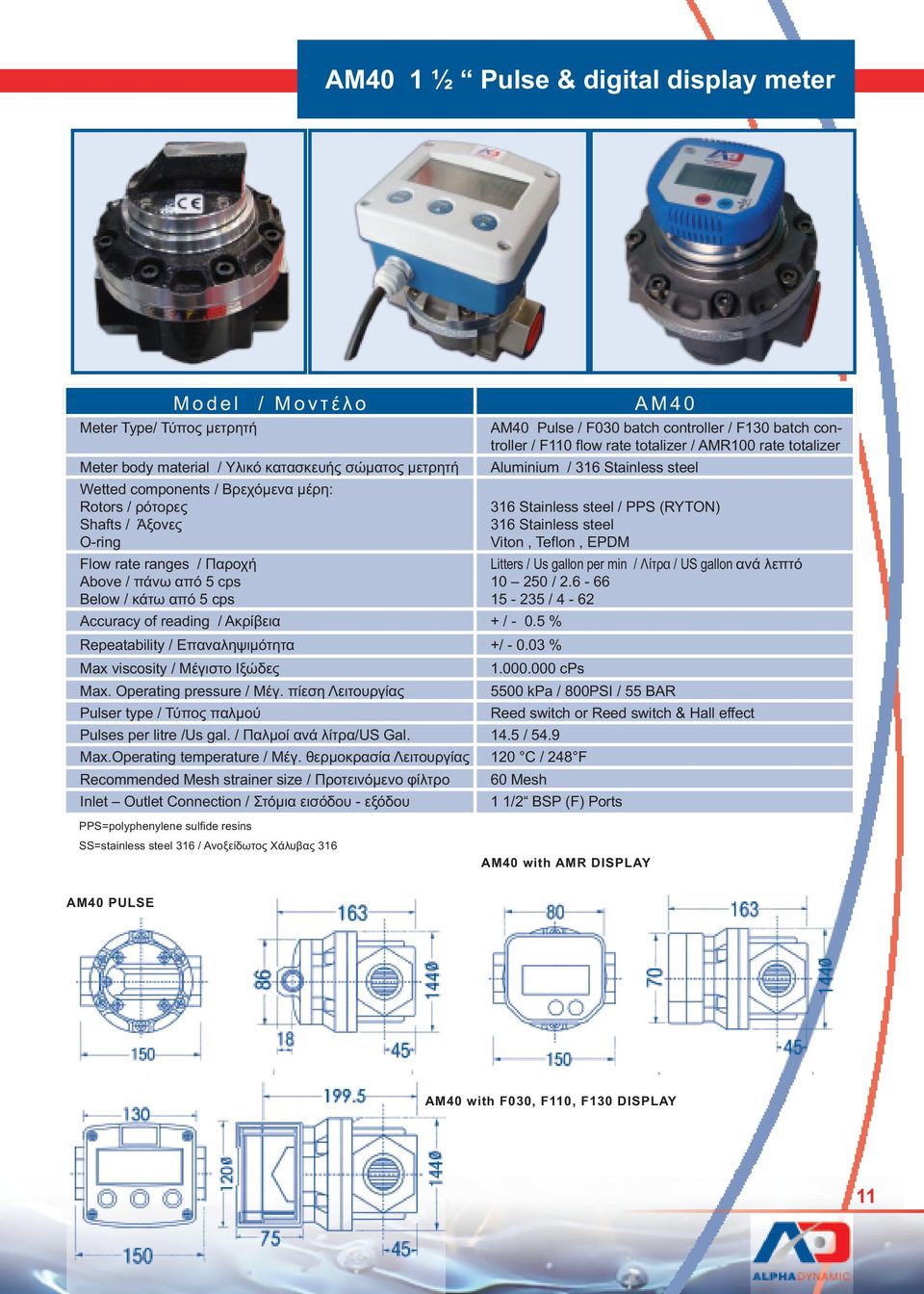 Operating pressure / Μέγ. πίεση Λειτουργίας 5500 kpa / 800PSI / 55 BAR Pulser type / Τύπος παλµού Reed switch or Reed switch & Hall effect Pulses per litre /Us gal. / Παλµοί ανά λίτρα/us Gal. 14.