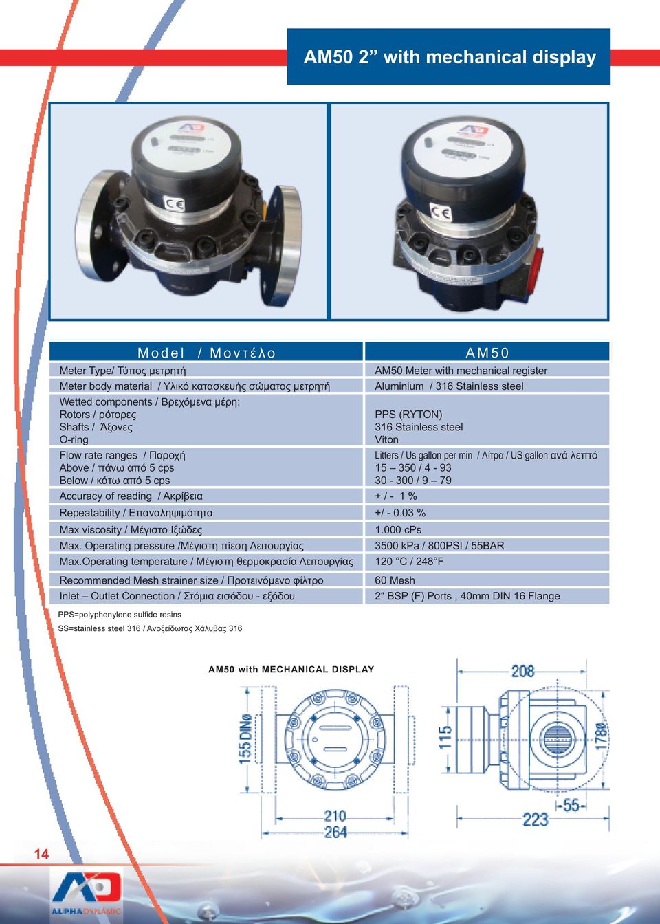 Operating pressure /Μέγιστη πίεση Λειτουργίας 3500 kpa / 800PSI / 55BAR Max.