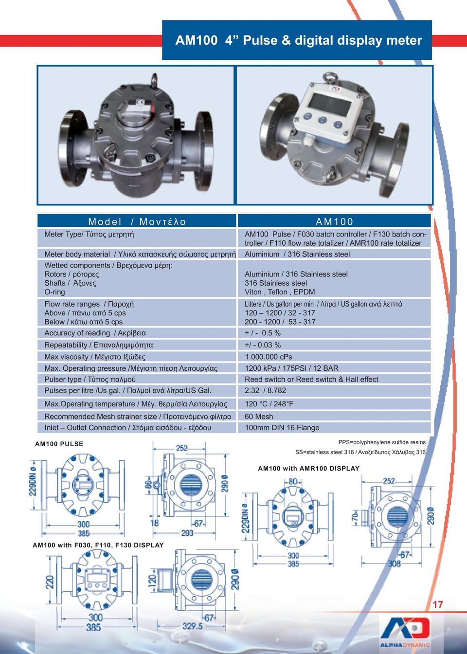 Operating pressure /Μέγιστη πίεση Λειτουργίας 1200 kpa / 175PSI / 12 BAR Pulser type / Τύπος παλµού Reed switch or Reed switch & Hall effect Pulses per litre /Us gal. / Παλµοί ανά λίτρα/us Gal. 2.