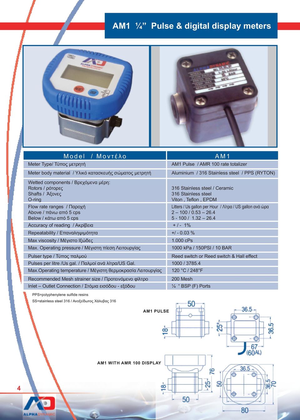 Operating pressure / Μέγιστη πίεση Λειτουργίας 1000 kpa / 150PSI / 10 BAR Pulser type / Τύπος παλµού Reed switch or Reed switch & Hall effect Pulses per litre /Us gal.