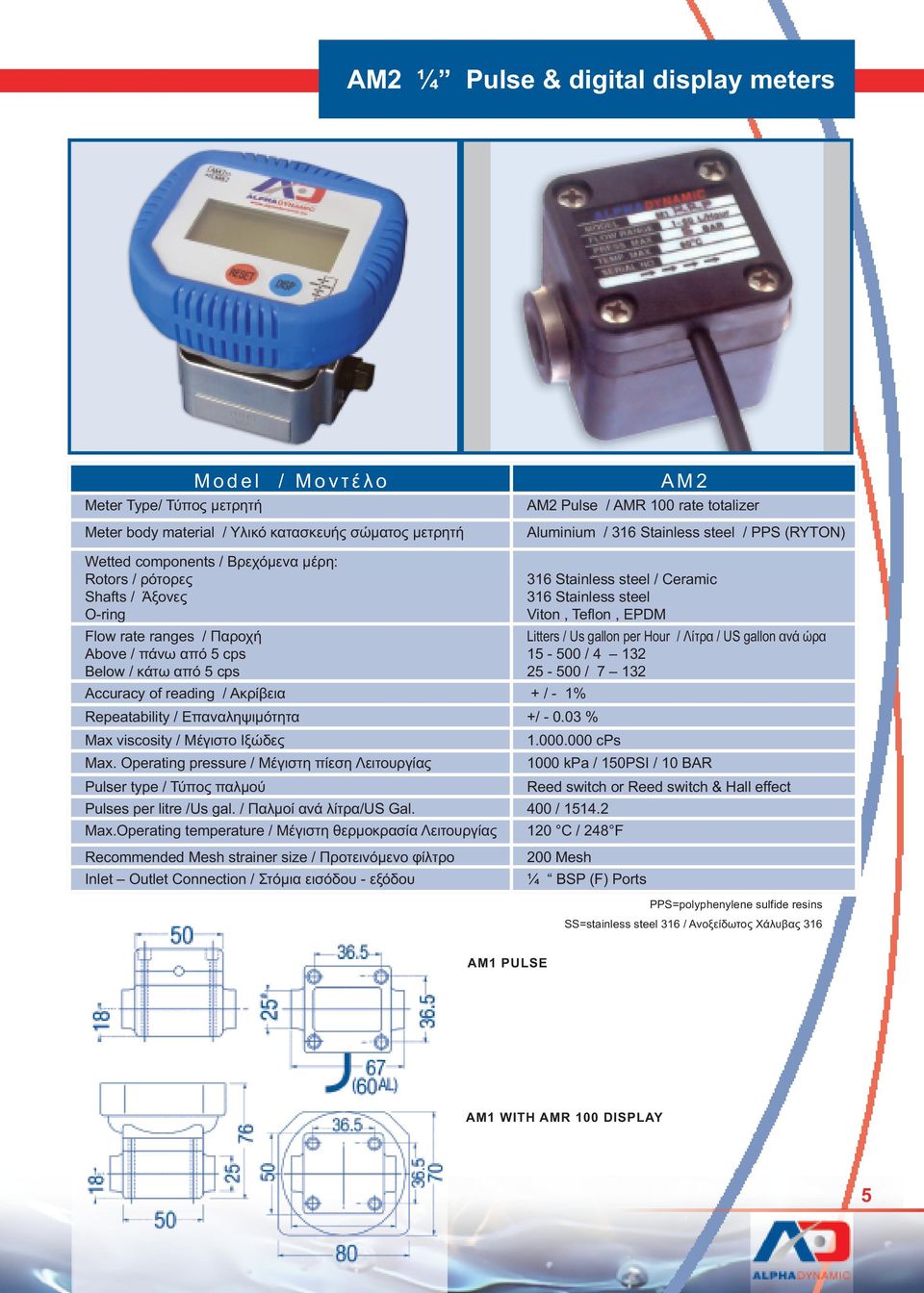 Operating pressure / Μέγιστη πίεση Λειτουργίας 1000 kpa / 150PSI / 10 BAR Pulser type / Τύπος παλµού Reed switch or Reed switch & Hall effect Pulses per litre /Us gal.