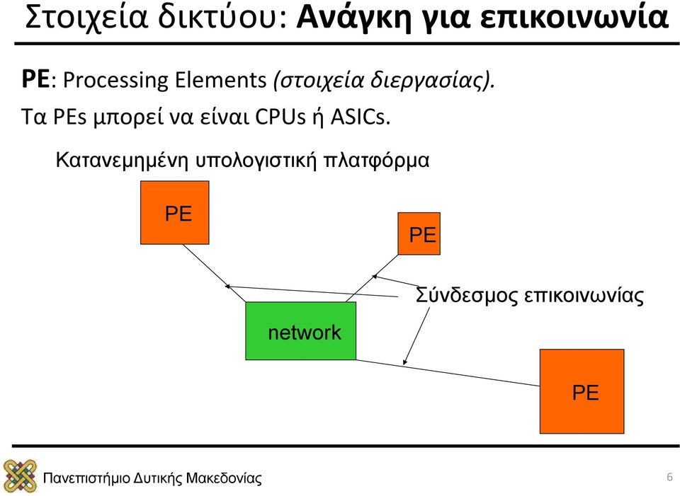 Τα PEs μπορεί να είναι CPUs ή ASICs.