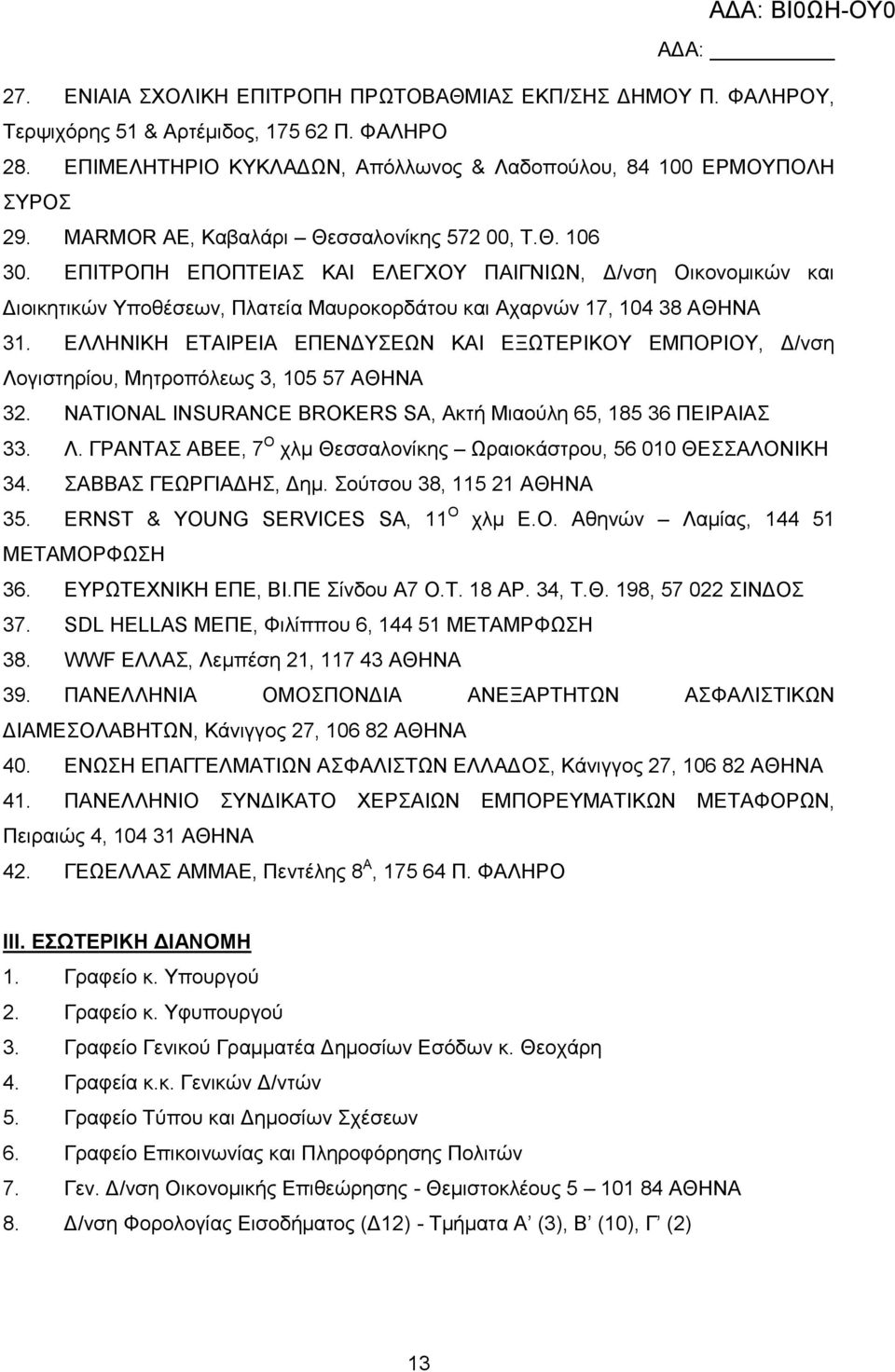 ΕΛΛΗΝΙΚΗ ΕΤΑΙΡΕΙΑ ΕΠΕΝΔΥΣΕΩΝ ΚΑΙ ΕΞΩΤΕΡΙΚΟΥ ΕΜΠΟΡΙΟΥ, Δ/νση Λογιστηρίου, Μητροπόλεως 3, 105 57 ΑΘΗΝΑ 32. NATIONAL INSURANCE BROKERS SA, Ακτή Μιαούλη 65, 185 36 ΠΕΙΡΑΙΑΣ 33. Λ. ΓΡΑΝΤΑΣ ΑΒΕΕ, 7 Ο χλμ Θεσσαλονίκης Ωραιοκάστρου, 56 010 ΘΕΣΣΑΛΟΝΙΚΗ 34.