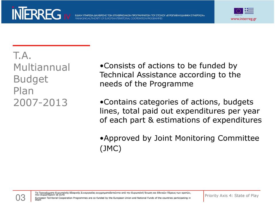 Monitoring Committee (JMC) 03 Τα Προγράμματα Ευρωπαϊκής Εδαφικής Συνεργασίας συγχρηματοδοτούνται από την Ευρωπαϊκή Ένωση και Εθνικών Πόρους των