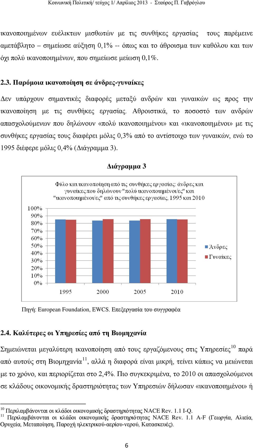 Αθροιστικά, το ποσοστό των ανδρών απασχολούμενων που δηλώνουν «πολύ ικανοποιημένοι» και «ικανοποιημένοι» με τις συνθήκες εργασίας τους διαφέρει μόλις 0,3% από το αντίστοιχο των γυναικών, ενώ το 1995