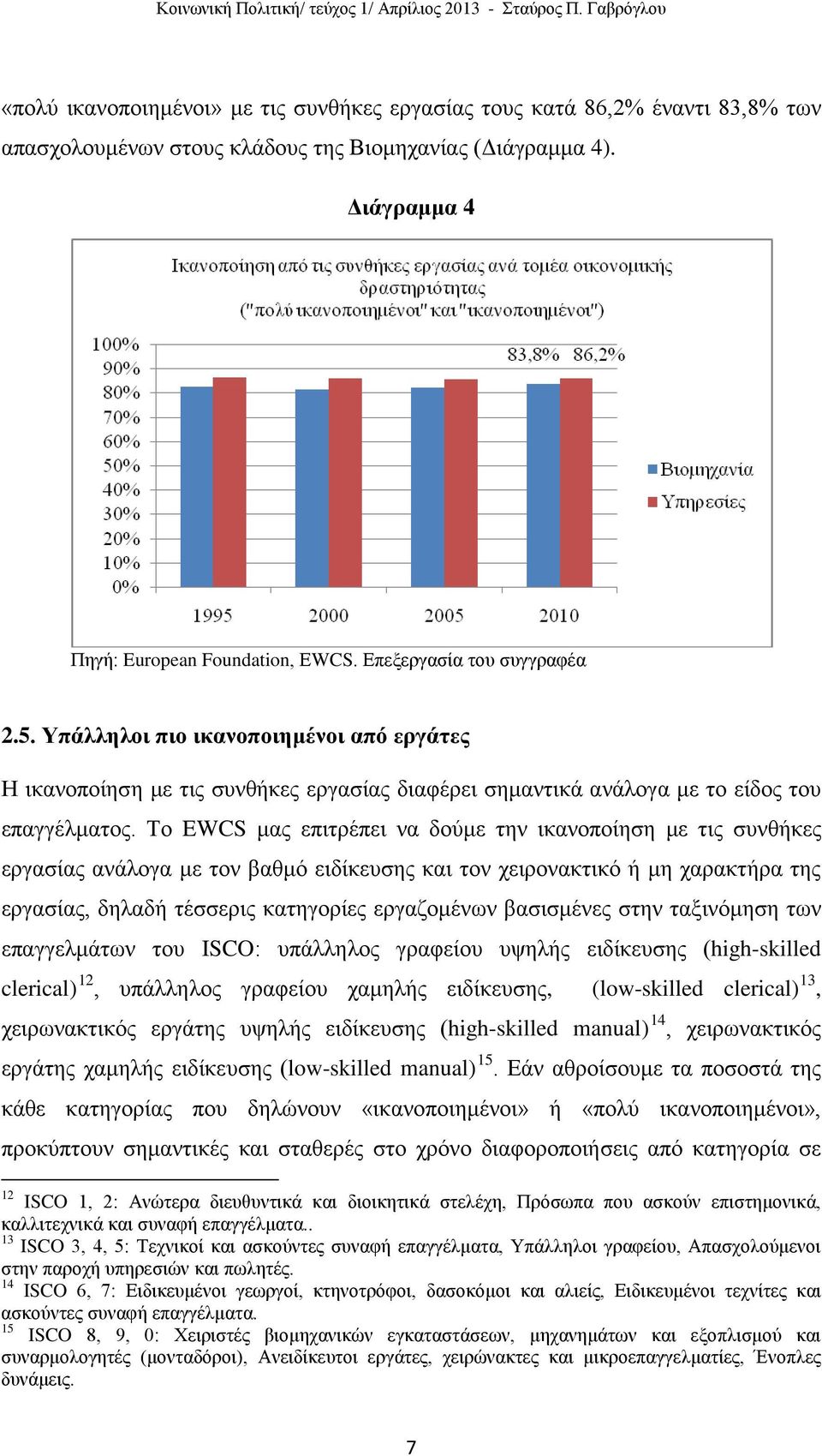 Το EWCS μας επιτρέπει να δούμε την ικανοποίηση με τις συνθήκες εργασίας ανάλογα με τον βαθμό ειδίκευσης και τον χειρονακτικό ή μη χαρακτήρα της εργασίας, δηλαδή τέσσερις κατηγορίες εργαζομένων