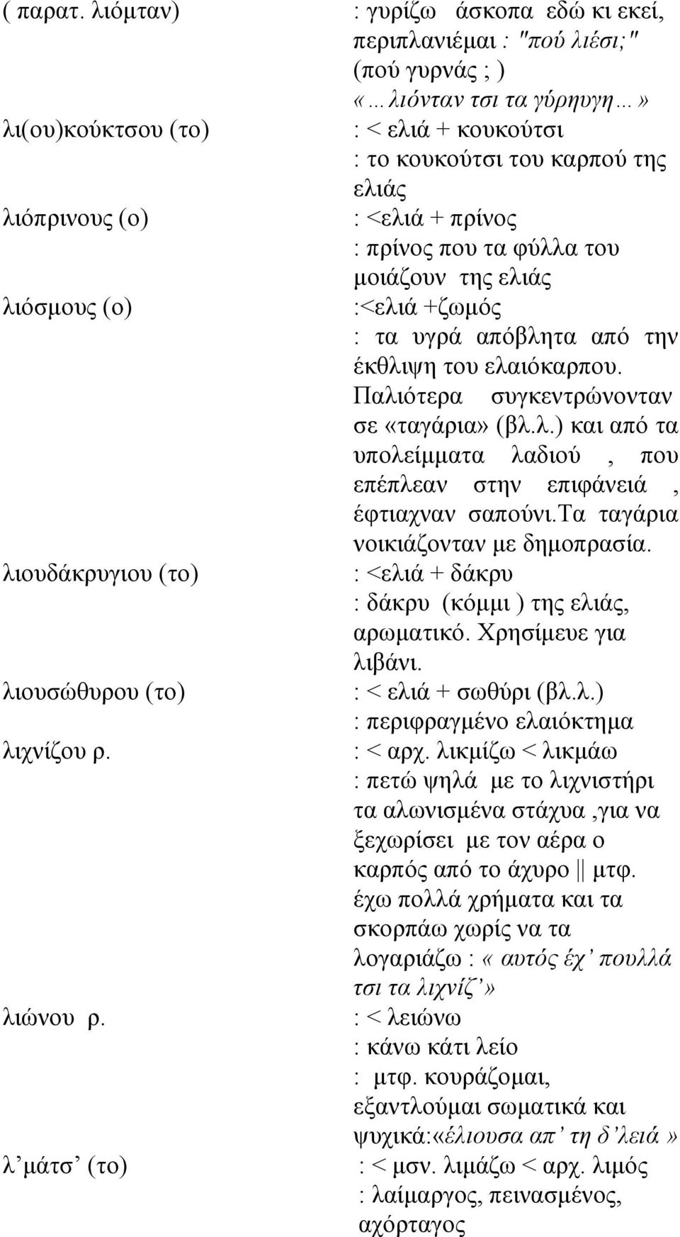 : <ελιά + πρίνος : πρίνος που τα φύλλα του μοιάζουν της ελιάς λιόσμους (ο) :<ελιά +ζωμός : τα υγρά απόβλητα από την έκθλιψη του ελαιόκαρπου. Παλιότερα συγκεντρώνονταν σε «ταγάρια» (βλ.λ.) και από τα υπολείμματα λαδιού, που επέπλεαν στην επιφάνειά, έφτιαχναν σαπούνι.