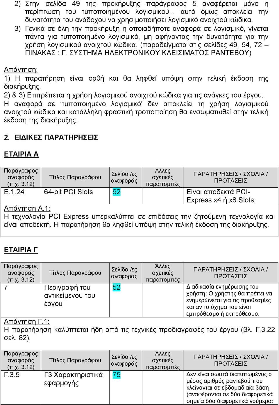 (παραδείγµατα στις σελίδες 49, 54, 72 ΠΙΝΑΚΑΣ : Γ. ΣΥΣΤΗΜΑ ΗΛΕΚΤΡΟΝΙΚΟΥ ΚΛΕΙΣΙΜΑΤΟΣ ΡΑΝΤΕΒΟΥ) Απάντηση: 1) Η παρατήρηση είναι ορθή και θα ληφθεί υπόψη στην τελική έκδοση της διακήρυξης.