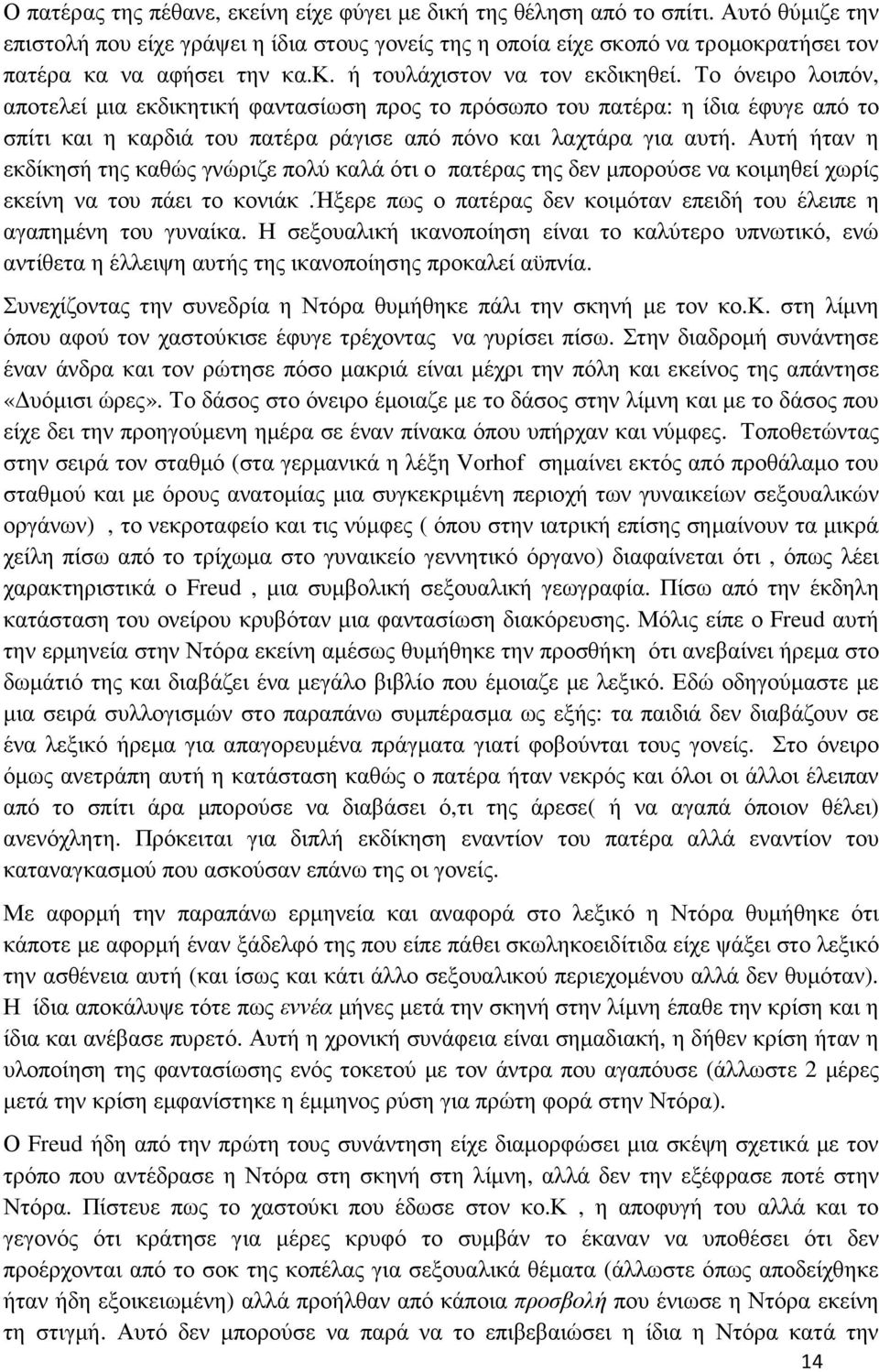 Το όνειρο λοιπόν, αποτελεί µια εκδικητική φαντασίωση προς το πρόσωπο του πατέρα: η ίδια έφυγε από το σπίτι και η καρδιά του πατέρα ράγισε από πόνο και λαχτάρα για αυτή.