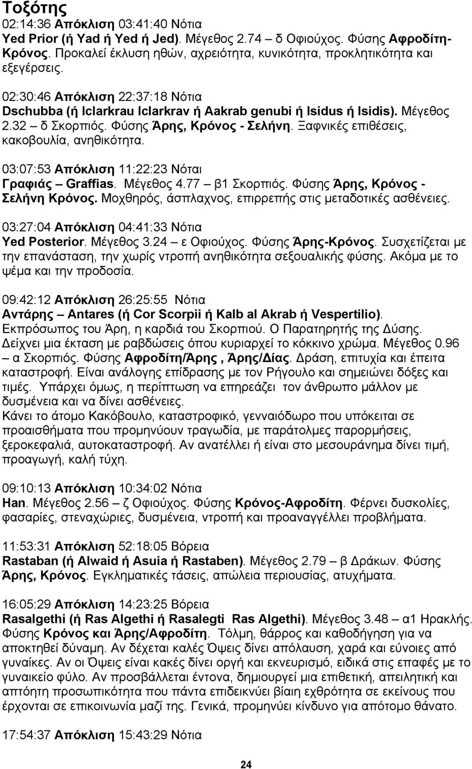 03:07:53 Απόκλιση 11:22:23 Νόται Γραφιάς Graffias. Μέγεθος 4.77 β1 Σκορπιός. Φύσης Άρης, Κρόνος - Σελήνη Κρόνος. Μοχθηρός, άσπλαχνος, επιρρεπής στις µεταδοτικές ασθένειες.