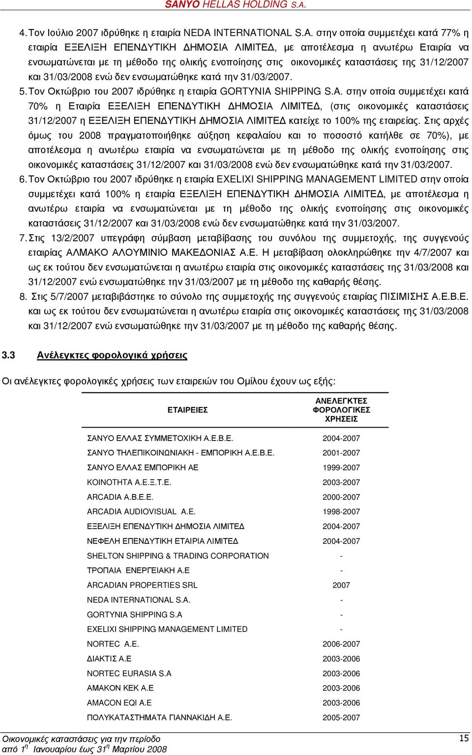 IONAL S.A. στην οποία συµµετέχει κατά 77% η εταιρία ΕΞΕΛΙΞΗ ΕΠΕΝ ΥΤΙΚΗ ΗΜΟΣΙΑ ΛΙΜΙΤΕ, µε αποτέλεσµα η ανωτέρω Εταιρία να ενσωµατώνεται µε τη µέθοδο της ολικής ενοποίησης στις οικονοµικές καταστάσεις