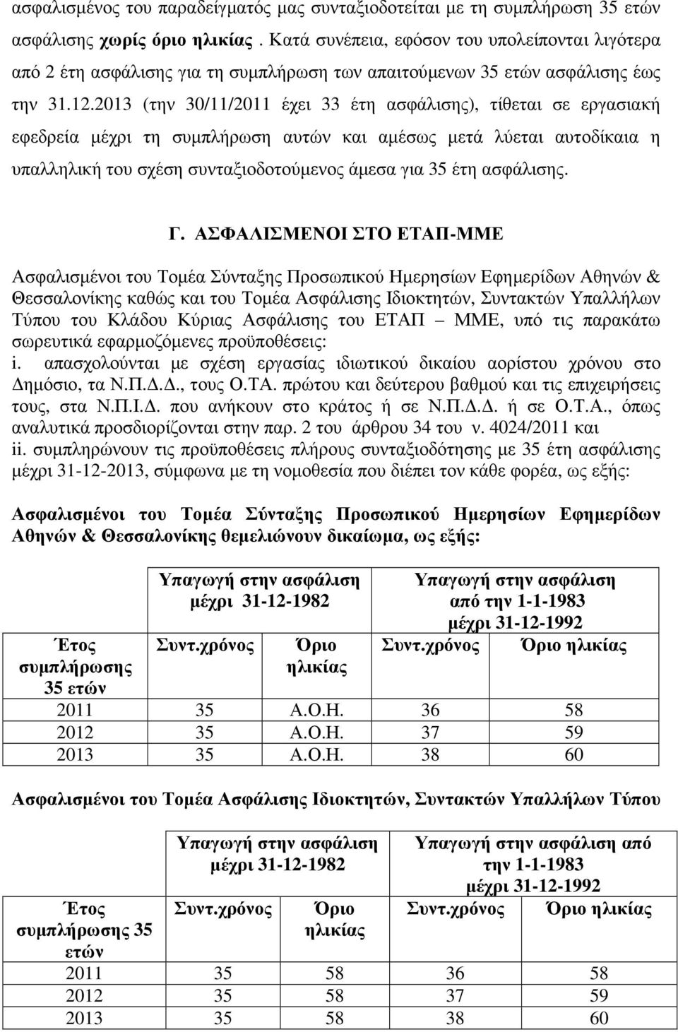 2013 (την 30/11/2011 έχει 33 έτη ασφάλισης), τίθεται σε εργασιακή εφεδρεία µέχρι τη συµπλήρωση αυτών και αµέσως µετά λύεται αυτοδίκαια η υπαλληλική του σχέση συνταξιοδοτούµενος άµεσα για 35 έτη