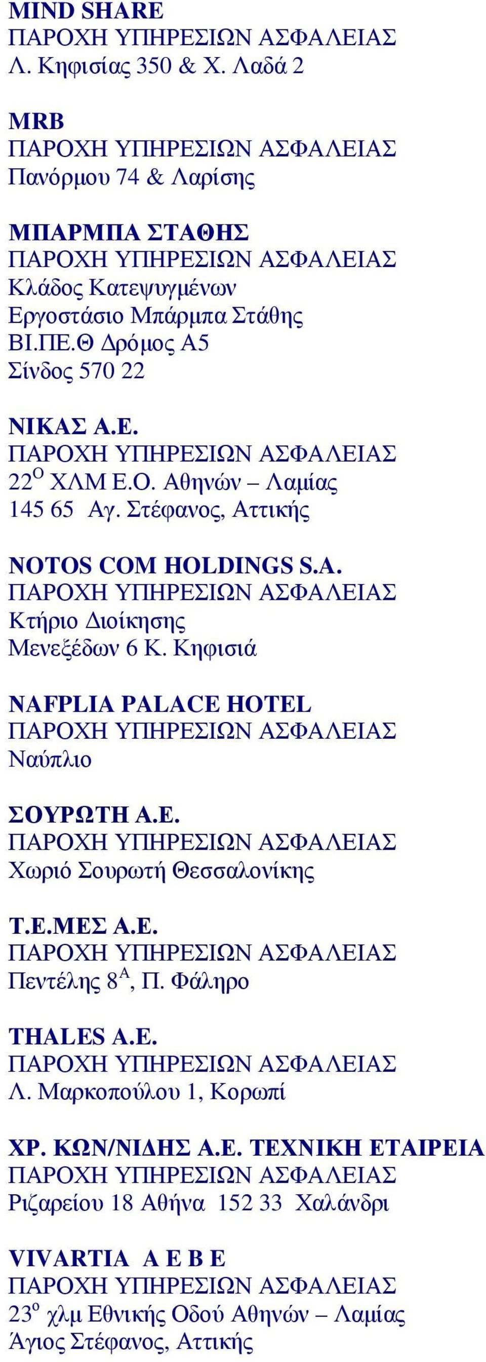 Κηφισιά ΝAFPLIA PALACE HOTEL Ναύπλιο ΣΟΥΡΩΤΗ Α.Ε. Χωριό Σουρωτή Θεσσαλονίκης Τ.Ε.ΜΕΣ Α.Ε. Πεντέλης 8 Α, Π. Φάληρο THALES A.E. Λ.