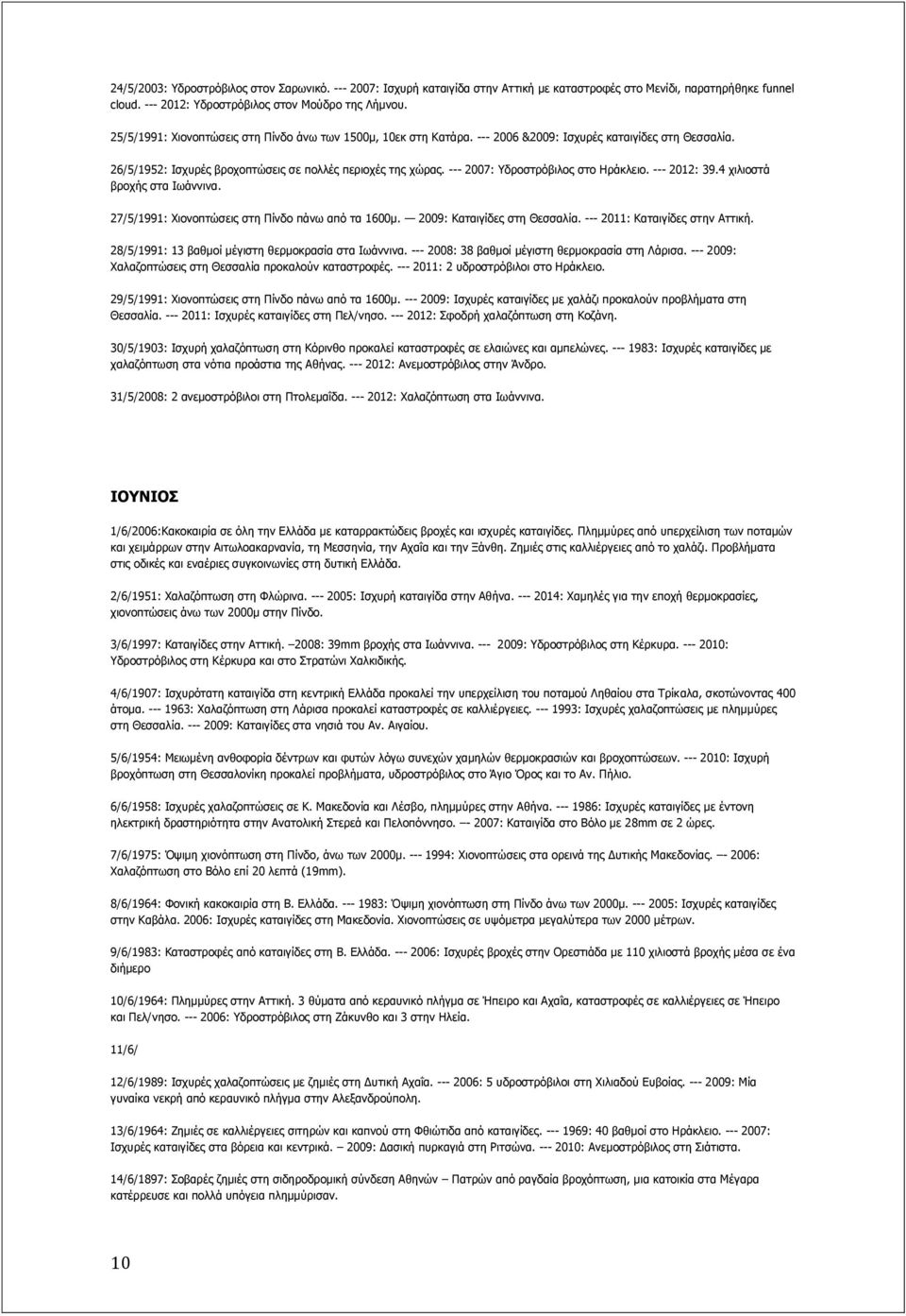 --- 2007: δξνζηξόβηινο ζην Ζξάθιεην. --- 2012: 39.4 ρηιηνζηά βξνρήο ζηα Ησάλληλα. 27/5/1991: Σηνλνπηώζεηο ζηε Ξίλδν πάλσ από ηα 1600κ. 2009: Θαηαηγίδεο ζηε Θεζζαιία. --- 2011: Θαηαηγίδεο ζηελ Αηηηθή.