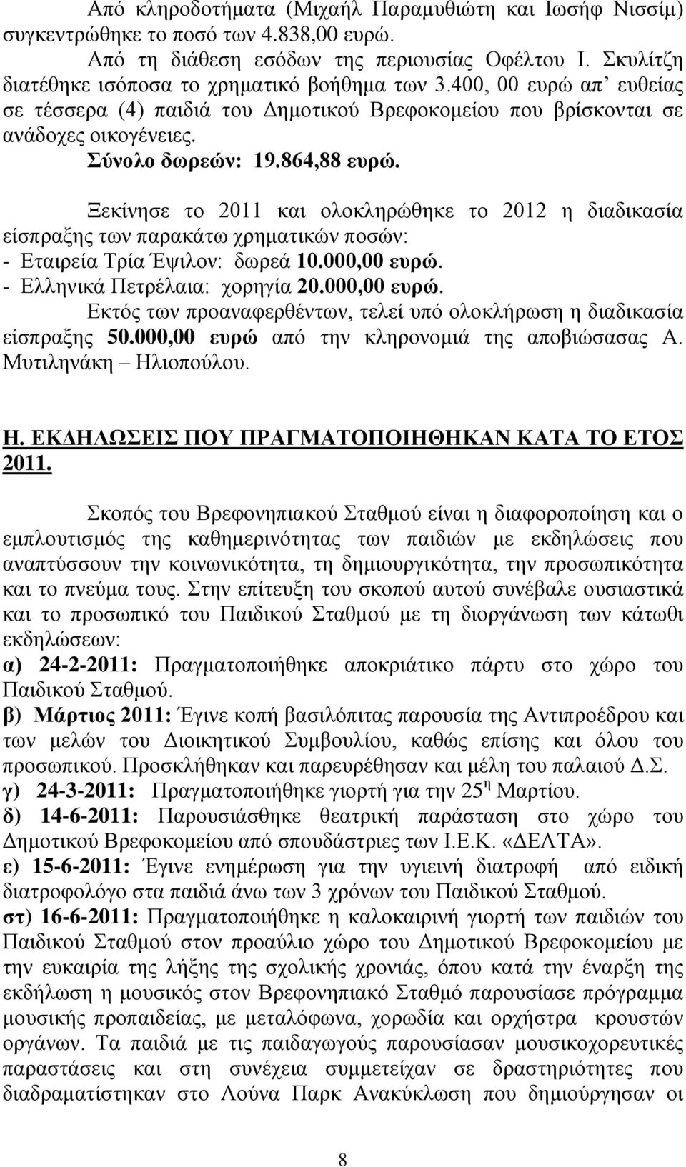 Ξεθίλεζε ην 2011 θαη νινθιεξψζεθε ην 2012 ε δηαδηθαζία είζπξαμεο ησλ παξαθάησ ρξεκαηηθψλ πνζψλ: - Δηαηξεία Σξία Έςηινλ: δσξεά 10.000,00 επξώ.