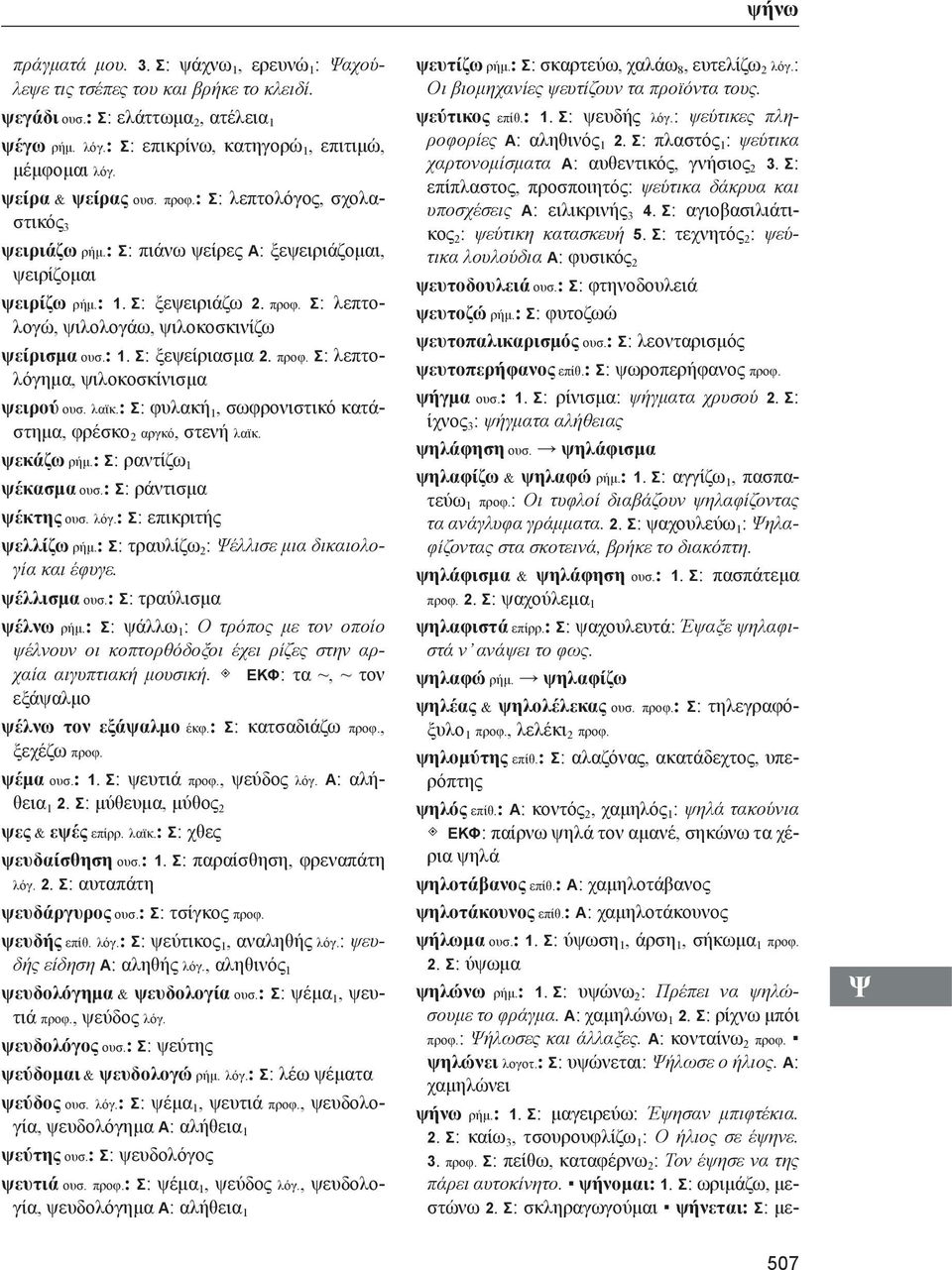 : 1. Σ: ξεψείριασμα 2. Σ: λεπτολόγημα, ψιλοκοσκίνισμα ψειρού ουσ. λαϊκ.: Σ: φυλακή 1, σωφρονιστικό κατάστημα, φρέσκο 2 αργκό, στενή λαϊκ. ψεκάζω ρήμ.: Σ: ραντίζω 1 ψέκασμα ουσ.