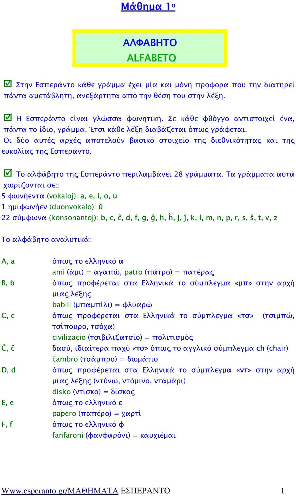 Το αλφάβητο της Εσπεράντο περιλαµβάνει 28 γράµµατα.