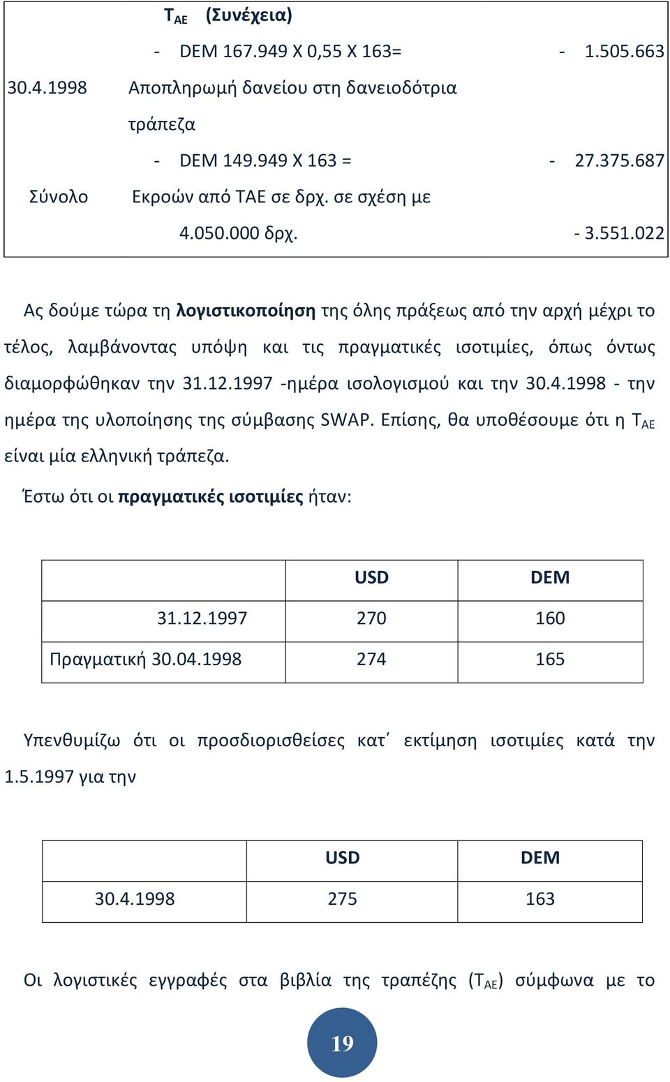 1997 -ημέρα ισολογισμού και την 30.4.1998 - την ημέρα της υλοποίησης της σύμβασης SWAP. Επίσης, θα υποθέσουμε ότι η Τ ΑΕ είναι μία ελληνική τράπεζα. Έστω ότι οι πραγματικές ισοτιμίες ήταν: USD DEM 31.