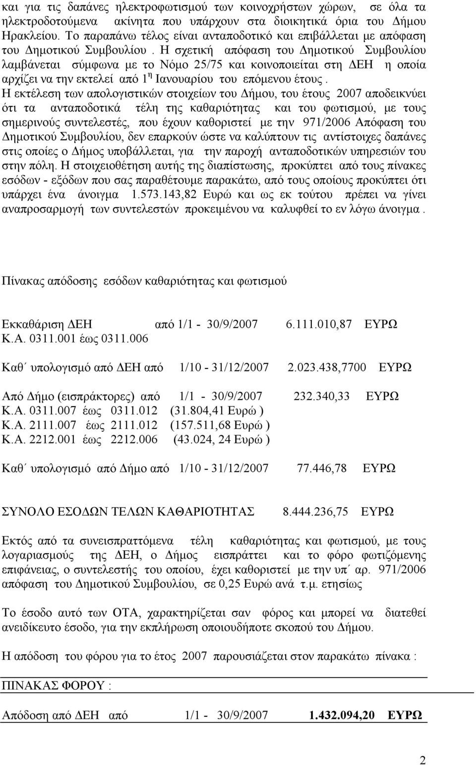 Η σχετική απόφαση του Δημοτικού Συμβουλίου λαμβάνεται σύμφωνα με το Νόμο 25/75 και κοινοποιείται στη ΔΕΗ η οποία αρχίζει να την εκτελεί από 1 η Ιανουαρίου του επόμενου έτους.