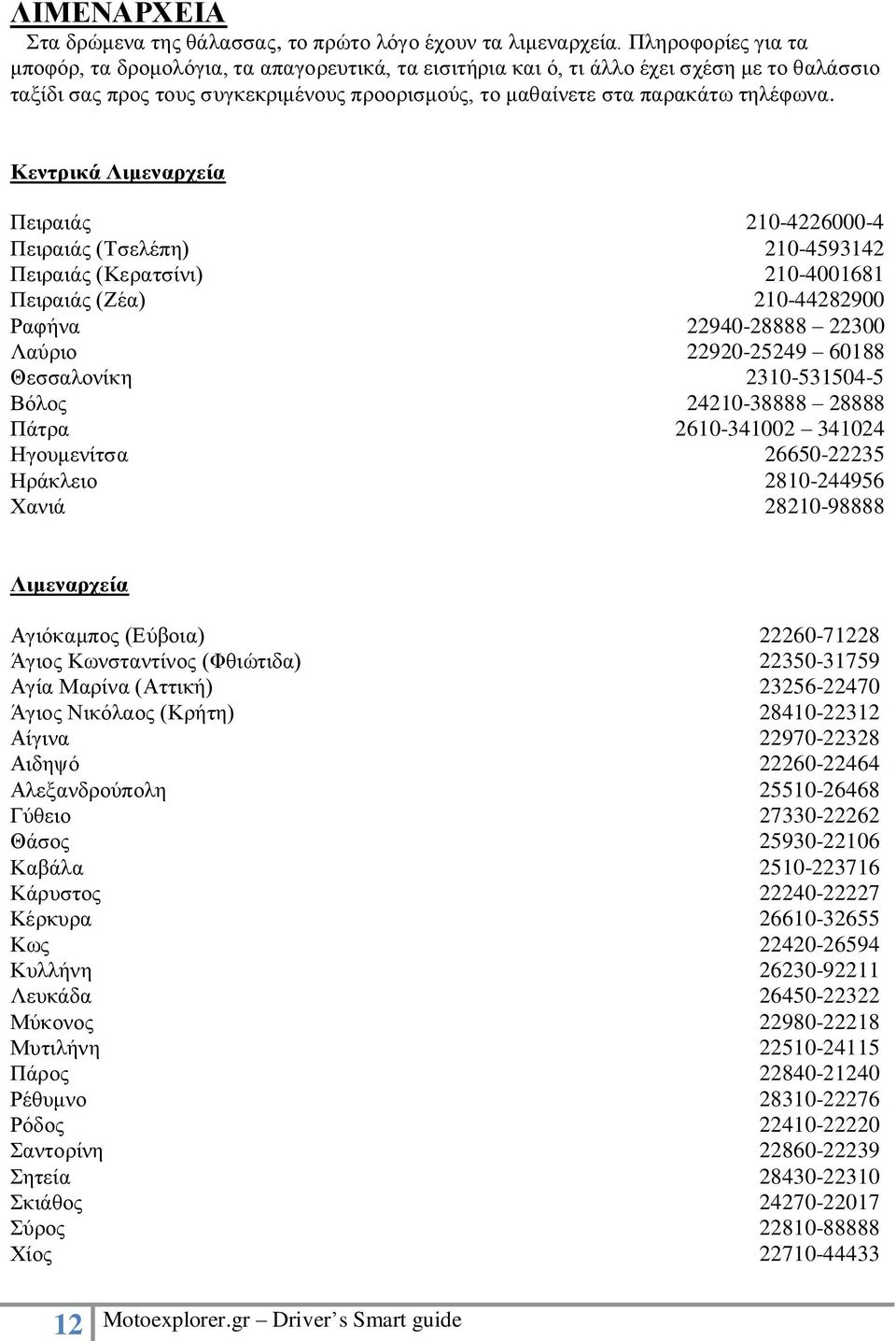 Κεντρικά Λιμεναρχεία Πειραιάς 210-4226000-4 Πειραιάς (Τσελέπη) 210-4593142 Πειραιάς (Κερατσίνι) 210-4001681 Πειραιάς (Ζέα) 210-44282900 Ραφήνα 22940-28888 22300 Λαύριο 22920-25249 60188 Θεσσαλονίκη
