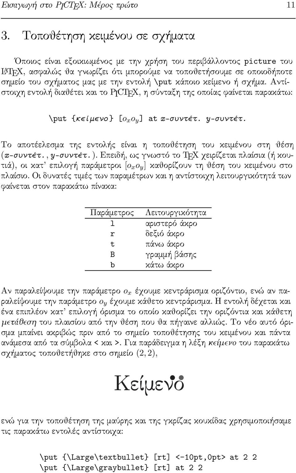 \putκάποιοκείμενοήσχήμα.αντίστοιχη εντολή διαθέτει και το PICTEX, η σύνταξη της οποίας φαίνεται παρακάτω: \put {κείμενο} [o x o y ] at x-συντέτ. y-συντέτ.