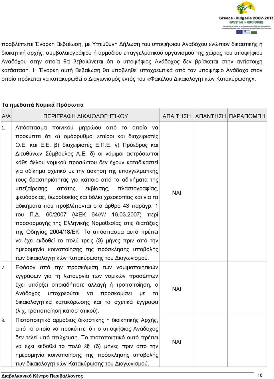 Η Ένορκη αυτή Βεβαίωση θα υποβληθεί υποχρεωτικά από τον υποψήφιο Ανάδοχο στον οποίο πρόκειται να κατακυρωθεί ο Διαγωνισμός εντός του «Φακέλου Δικαιολογητικών Κατακύρωσης».