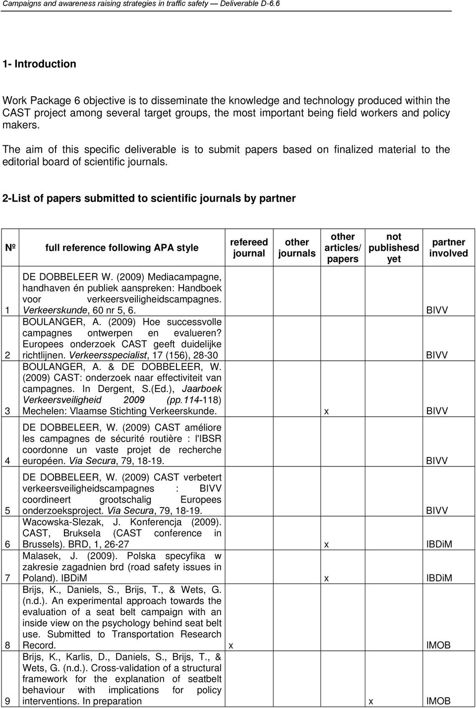 policy makers. The aim of this specific deliverable is to submit papers based on finalized material to the editorial board of scientific journals.