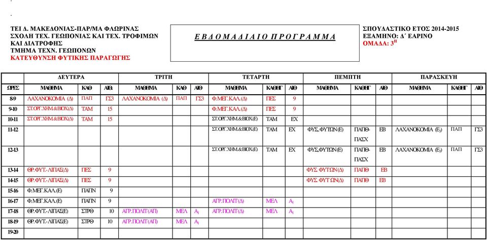 ΦΥΤΩΝ (Ε) ΠΑΠΘ- ΕΒ ΛΑΧΑΝΟΚΟΜΙΑ (Ε 3 ) ΠΑΠ ΓΣ3 12-13 ΣΤ. ΟΡΓ. ΧΗΜ. & ΒΙΟΧ.(Ε) ΤΑΜ ΕΧ ΦΥΣ,.ΦΥΤΩΝ (Ε) ΠΑΠΘ- ΕΒ ΛΑΧΑΝΟΚΟΜΙΑ (Ε 3 ) ΠΑΠ ΓΣ3 13-14 ΘΡ. ΦΥΤ.- ΛΙΠΑΣ( ) ΠΕΣ 9 ΦΥΣ. ΦΥΤ ΩΝ ( ) ΠΑΠΘ ΕΒ 14-15 ΘΡ.