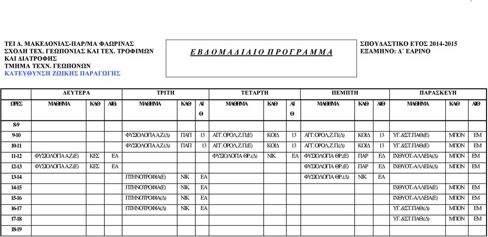 .( ) ΝΙΚ ΕΑ ΦΥΣΙΟΛΟΓΙΑ ΘΡ..(Ε) ΠΑΡ Ε ΙΧΘΥΟΤ.-ΑΛΛΕΙΑ( ) ΜΠΟΝ ΕΜ 12-13 ΦΥΣΙΟΛΟΓΙΑ Α.Ζ.(Ε) ΚΕΣ ΕΑ ΦΥΣΙΟΛΟΓΙΑ ΘΡ..(Ε) ΠΑΡ Ε ΙΧΘΥΟΤ.-ΑΛΛΕΙΑ( ) ΜΠΟΝ ΕΜ 13-14 ΠΤΗΝΟΤΡΟΦΙΑ(Ε) ΝΙΚ ΕΑ ΦΥΣΙΟΛΟΓΙΑ ΘΡ.