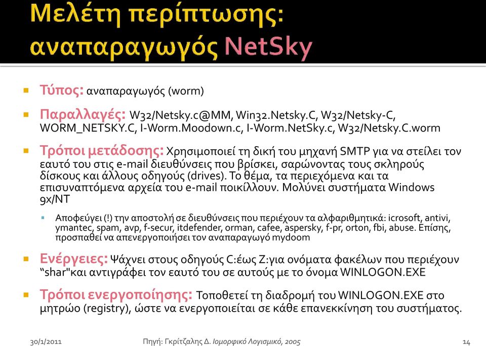 Το θέμα, τα περιεχόμενα και τα επιςυναπτόμενα αρχεία του e-mail ποικίλλουν. Μολύνει ςυςτήματα Windows 9x/NT Αποφεύγει (!