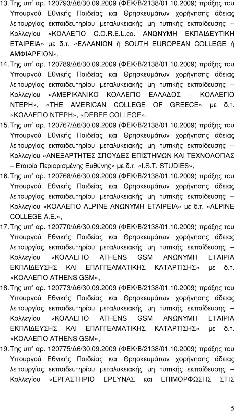 Της υπ αρ. 120767/ 6/30.09.2009 (ΦΕΚ/Β/2138/01.10.2009) πράξης του Κολλεγίου «ΑΝΕΞΑΡΤΗΤΕΣ ΣΠΟΥ ΕΣ ΕΠΙΣΤΗΜΩΝ ΚΑΙ ΤΕΧΝΟΛΟΓΙΑΣ Εταιρία Περιορισµένης Ευθύνης» µε δ.τ. «I.S.T. STUDIES», 16. Της υπ αρ.