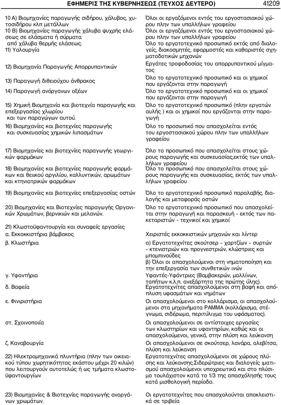 11) Υαλουργία 12) Βιομηχανία Παραγωγής Απορρυπαντικών Όλοι οι εργαζόμενοι εντός του εργοστασιακού χώ ρου πλην των υπαλλήλων γραφείου Όλοι οι εργαζόμενοι εντός του εργοστασιακού χώ ρου πλην των