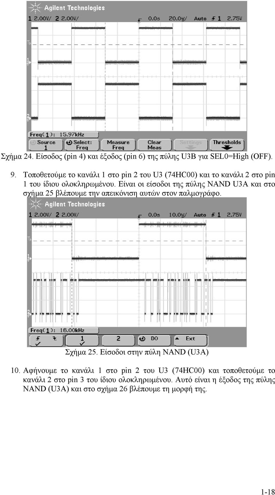 Είναι οι είσοδοι της πύλης NAND U3A και στο σχήμα 25 βλέπουμε την απεικόνιση αυτών στον παλμογράφο. Σχήμα 25.