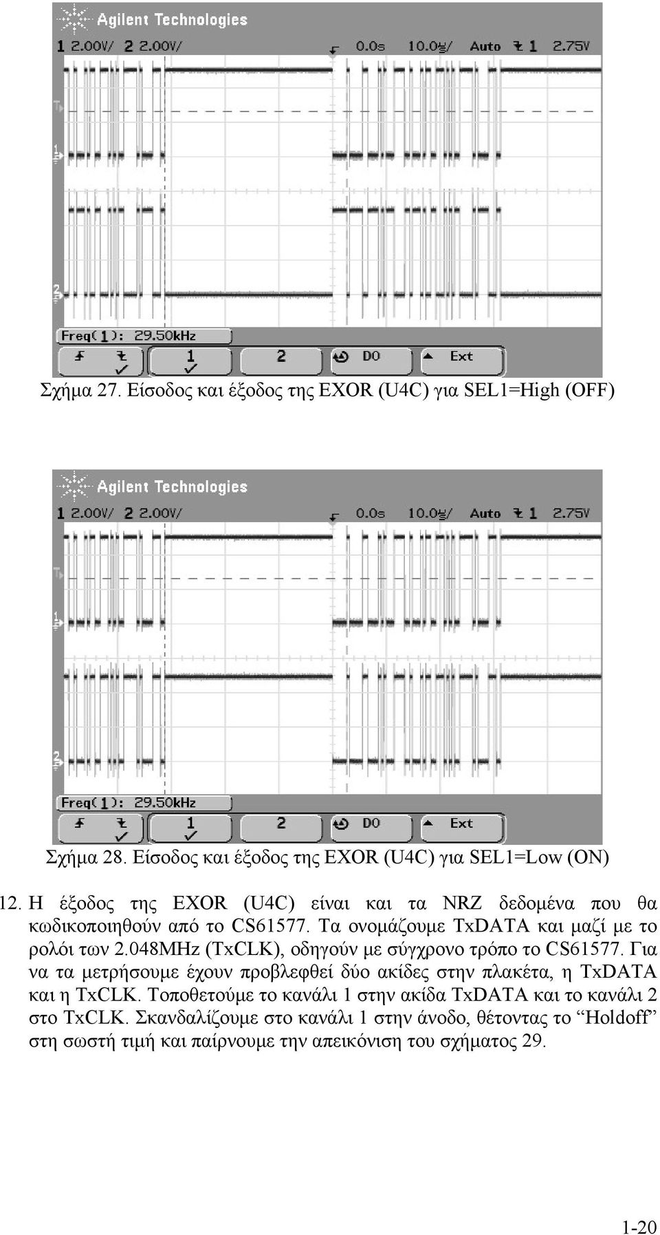 048MHz (TxCLK), οδηγούν με σύγχρονο τρόπο το CS61577. Για να τα μετρήσουμε έχουν προβλεφθεί δύο ακίδες στην πλακέτα, η TxDATA και η TxCLK.