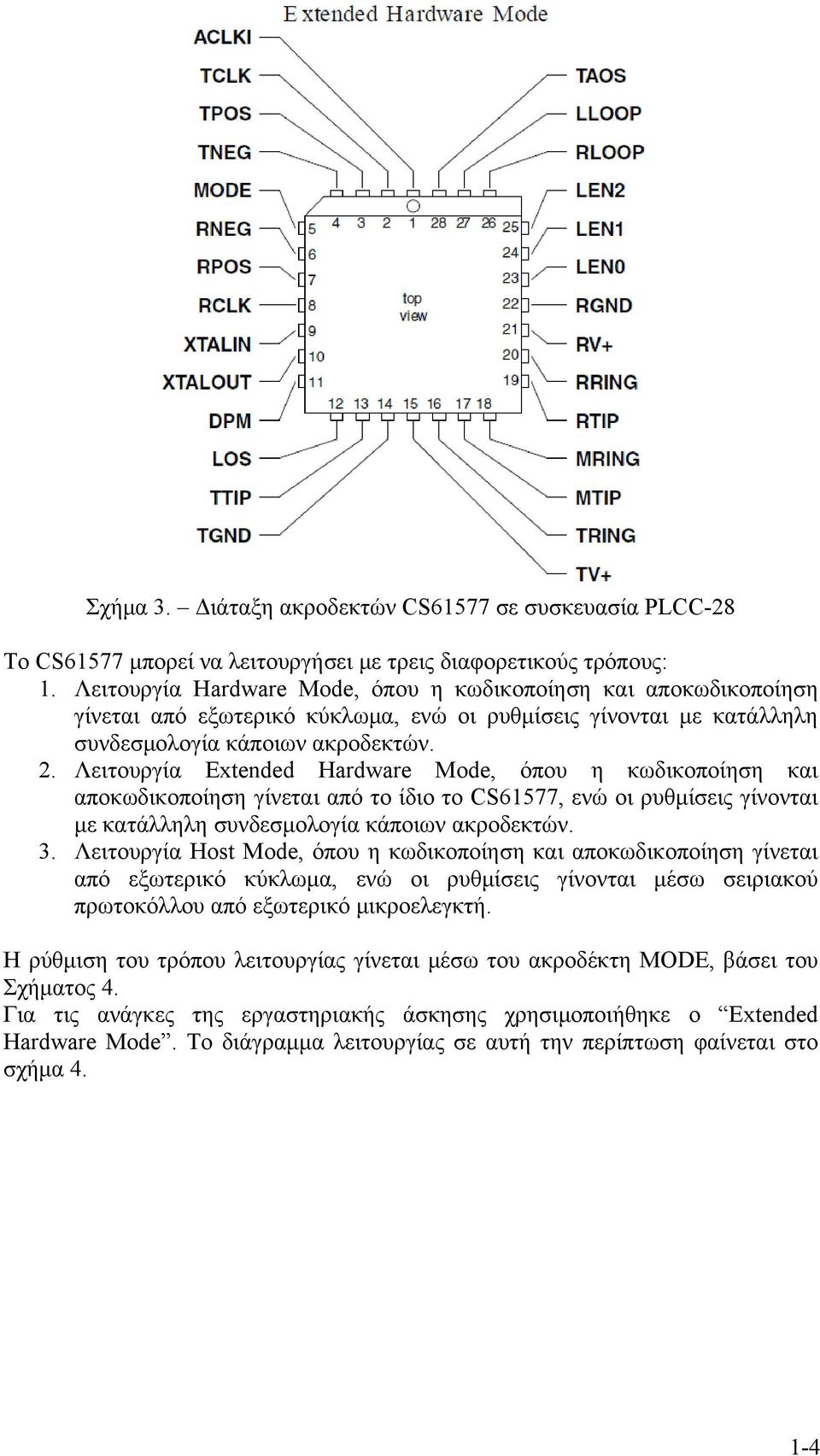 Λειτουργία Extended Hardware Mode, όπου η κωδικοποίηση και αποκωδικοποίηση γίνεται από το ίδιο το CS61577, ενώ οι ρυθμίσεις γίνονται με κατάλληλη συνδεσμολογία κάποιων ακροδεκτών. 3.