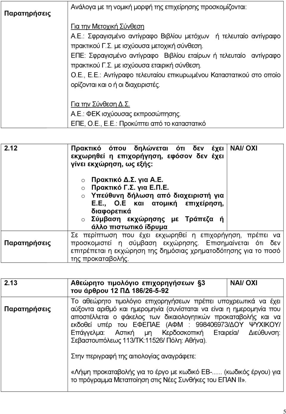 Για την Σύνθεση.Σ. Α.Ε.: ΦΕΚ ισχύουσας εκπροσώπησης. ΕΠΕ, Ο.Ε., Ε.Ε.: Προκύπτει από το καταστατικό 2.