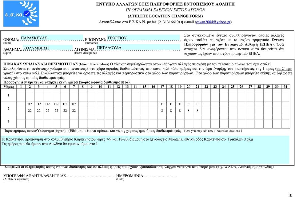 ......................................... (Sport) (Event-discipline) Στο συγκεκριµένο έντυπο συµπληρώνονται οποιες αλλαγές έχουν επέλθει σε σχέση µε το ισχύον τριµηνιαίο Εντυπο Πληροφοριών για τον Εντοπισµό Αθλητή (ΕΠΕΑ).