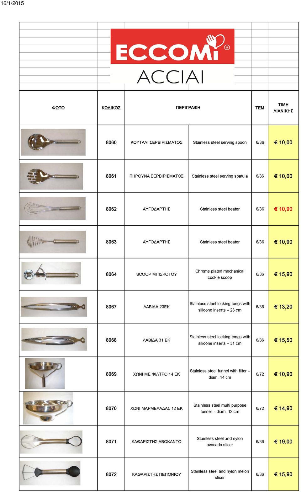 13,20 8068 ΛΑΒΙΔΑ 31 ΕΚ Stainless steel locking tongs with silicone inserts 31 cm 6/36 15,50 8069 ΧΩΝΙ ΜΕ ΦΙΛΤΡΟ 14 ΕΚ Stainless steel funnel with filter diam.