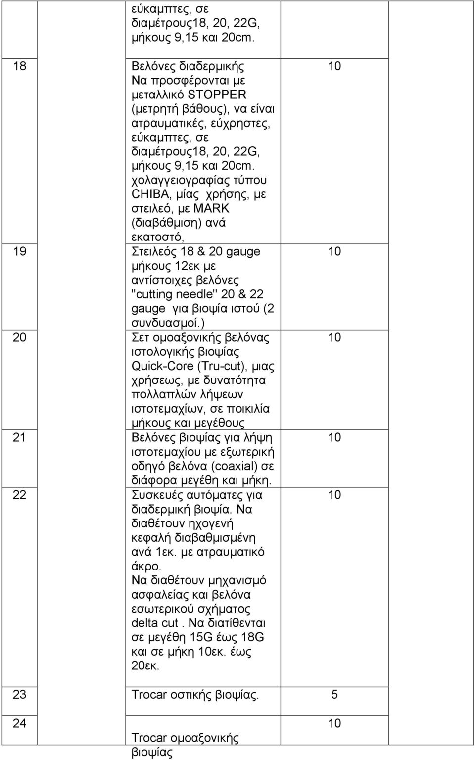 εκατοστό, 19 Στειλεός 18 & 20 gauge µήκους 12εκ µε αντίστοιχες βελόνες ''cutting needle'' 20 & 22 gauge για βιοψία ιστού (2 συνδυασµοί.