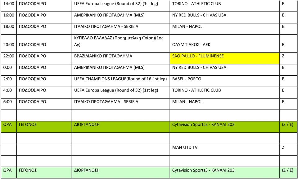 ΠΡΩΤΑΘΛΗΜΑ (MLS) NY RED BULLS CHIVAS USA E 2:00 ΠΟΔΟΣΦΑΙΡΟ UEFA CHAMPIONS LEAGUE(Round of 16 1st leg) BASEL PORTO E 4:00 ΠΟΔΟΣΦΑΙΡΟ UEFA Europa League (Round of 32) (1st leg) TORINO ATHLETIC