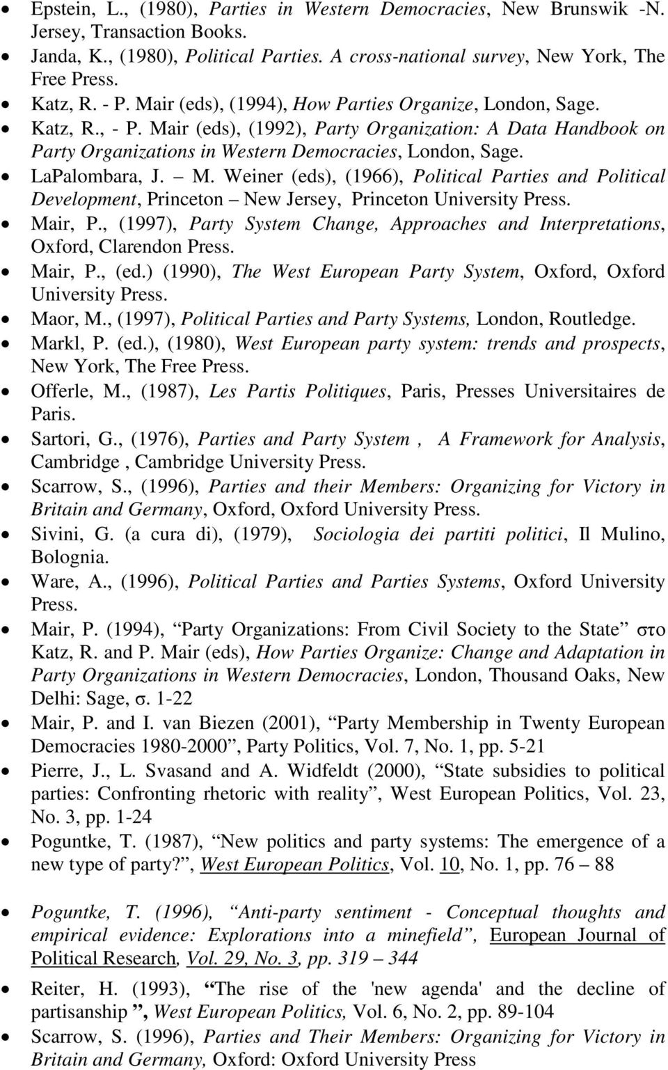 LaPalombara, J. M. Weiner (eds), (1966), Political Parties and Political Development, Princeton New Jersey, Princeton University Press. Mair, P.