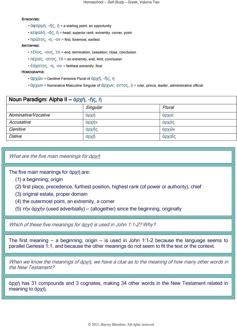 -ῆς, ἡ ἄρχων = Nominative Masculine Singular of ἄρχων, οντος, ὁ = ruler, prince, leader, administrative official Noun Paradigm: Alpha ΙΙ ἀρχή, -ῆς, ἡ Singular Plural Nominative/Vocative ἀρχή ἀρχαί