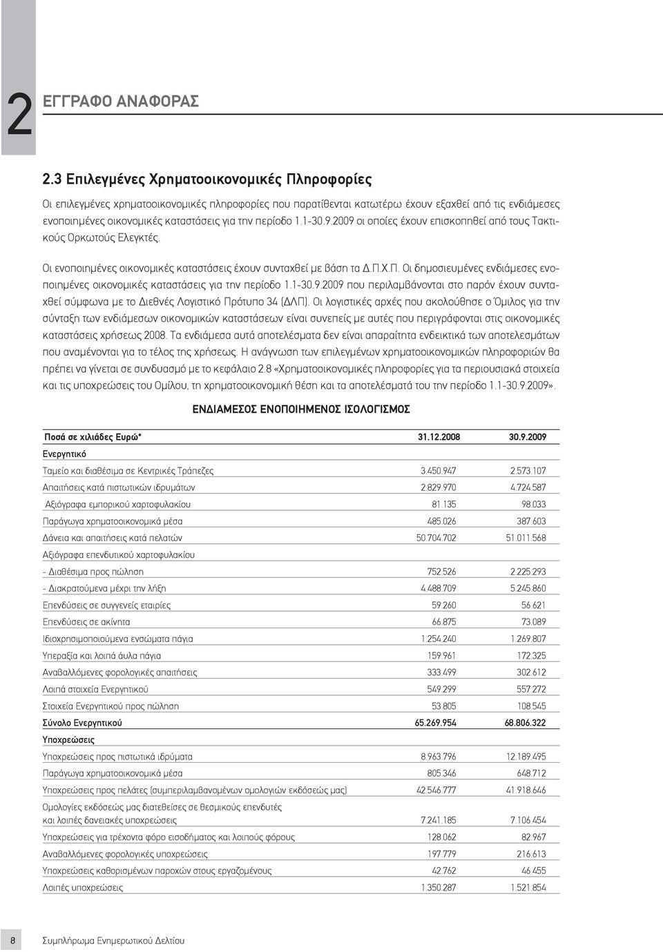 περίοδο 1.1-30.9.2009 οι οποίες έχουν επισκοπηθεί από τους Τακτικούς Ορκωτούς Ελεγκτές. Οι ενοποιημένες οικονομικές καταστάσεις έχουν συνταχθεί με βάση τα Δ.Π.