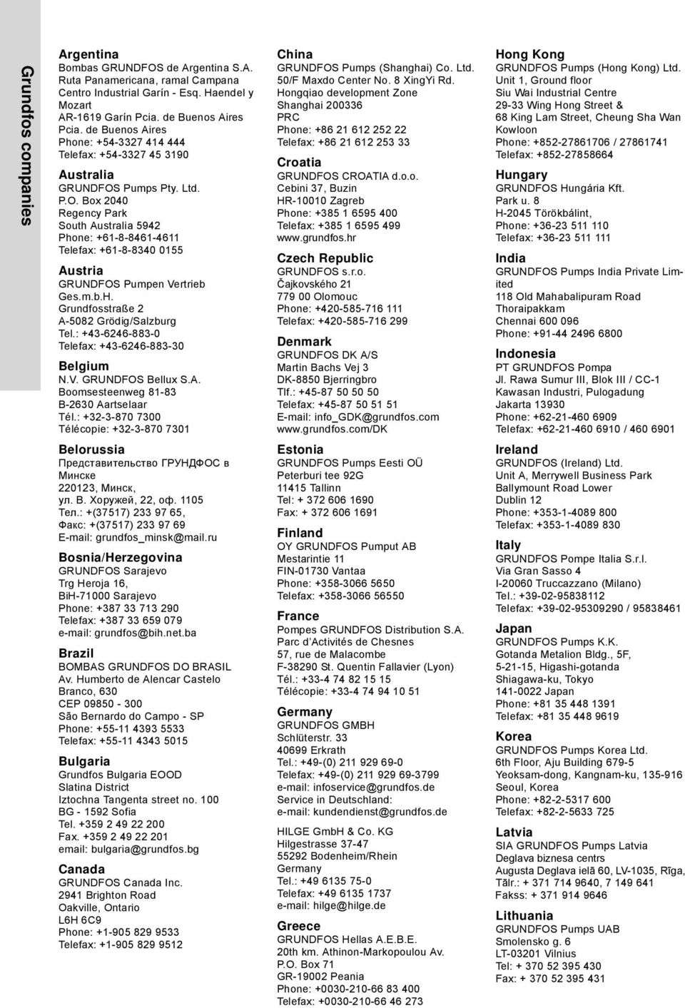 Pumps Pty. Ltd. P.O. Box 2040 Regency Park South Australia 5942 Phone: +61-8-8461-4611 Telefax: +61-8-8340 0155 Austria GRUNDFOS Pumpen Vertrieb Ges.m.b.H. Grundfosstraße 2 A-5082 Grödig/Salzburg Tel.