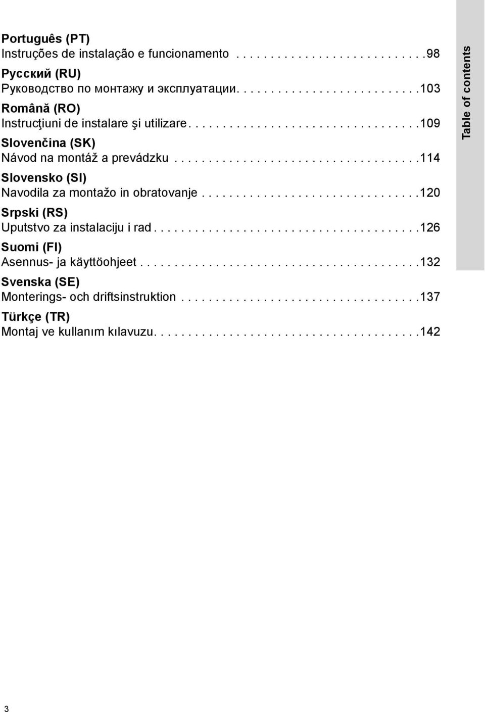 ...............................120 Srpski (RS) Uputstvo za instalaciju i rad.......................................126 Suomi (FI) Asennus- ja käyttöohjeet.