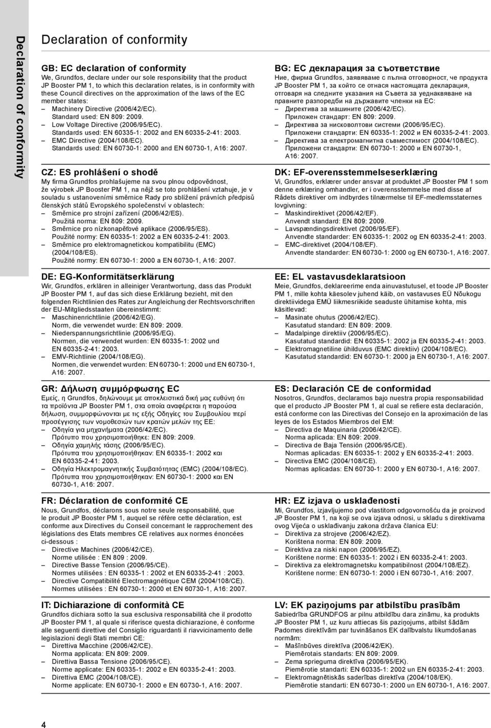 Low Voltage Directive (2006/95/EC). Standards used: EN 60335-1: 2002 and EN 60335-2-41: 2003. EMC Directive (2004/108/EC). Standards used: EN 60730-1: 2000 and EN 60730-1, A16: 2007.