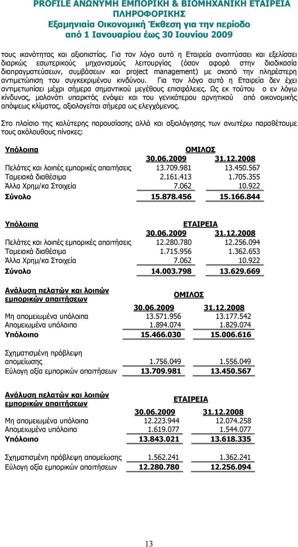 πληρέστερη αντιµετώπιση του συγκεκριµένου κινδύνου. Για τον λόγο αυτό η Εταιρεία δεν έχει αντιµετωπίσει µέχρι σήµερα σηµαντικού µεγέθους επισφάλειες.