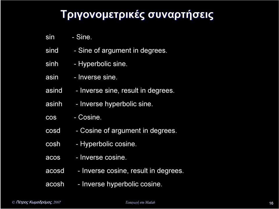 - Hyperbolic sine. - Inverse sine. - Inverse sine, result in degrees. - Inverse hyperbolic sine.